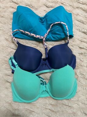 Victoria's Secret Lot of 3 Women’s Strapless and 2 Racerback Bras 34C Blue